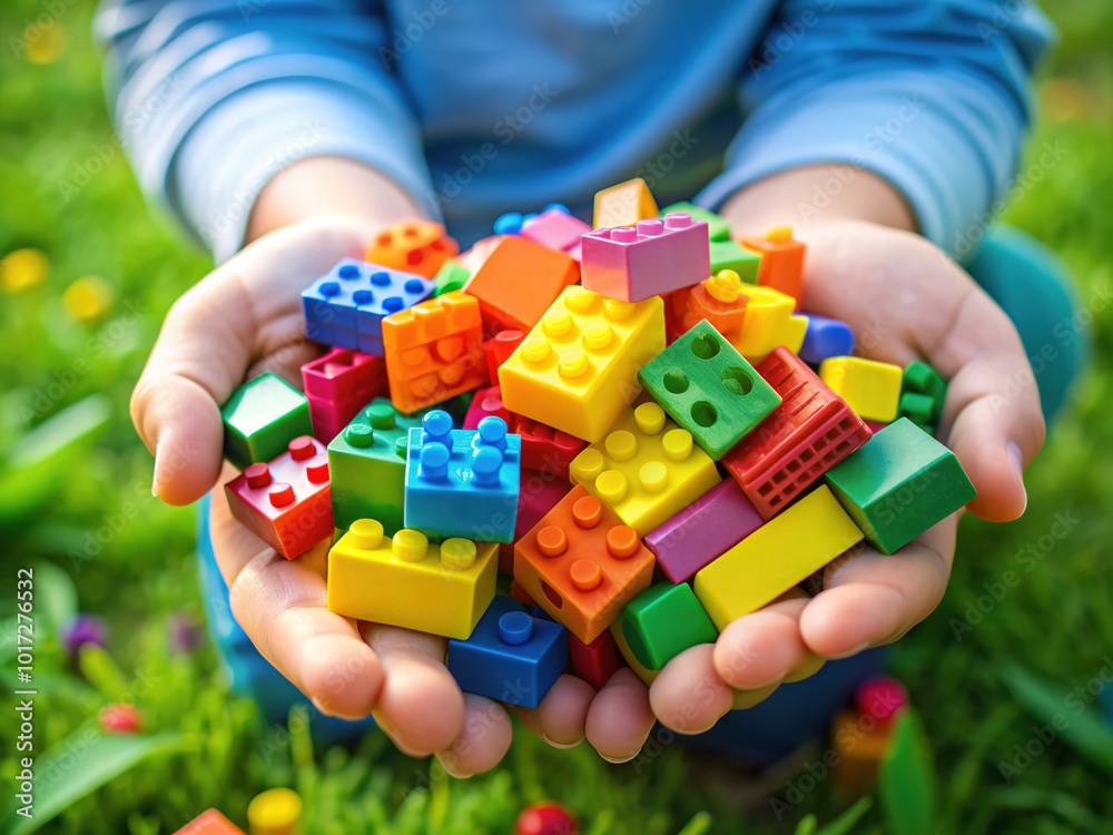 Colorful plastic blocks are grasped tightly in a small, enthusiastic hand, showcasing creativity and imagination in a playful, childhood moment of joy and discovery. Colorful plastic blocks are grasped tightly in a small, enthusiastic hand, showcasing creativity and imagination in a playful, childhood moment of joy and discovery.