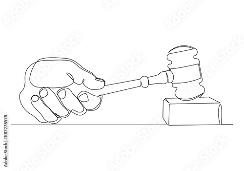Continuous single line sketch drawing of hand holding and knock hit gavel judge law wooden hammer court justice lawyer one line vector illustration