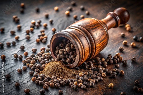 Dark, velvety-black peppercorns spill from an ornate wooden grinder, surrounding a small mound of freshly ground black pepper powder on a rustic stone surface.