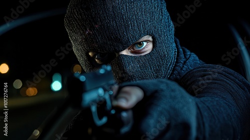 Masked man in black pointing a gun at a driver, robbery in progress, dark streets, car theft concept, high drama, tense situation