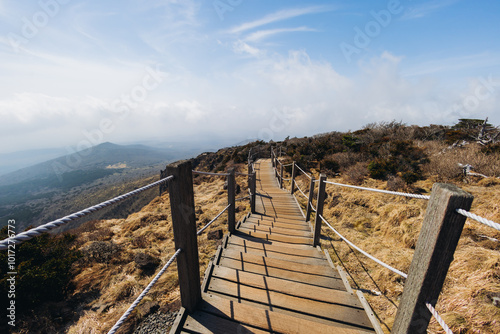 Hallasan National Park, Jeju island, South Korea, spring view of Yeongsil trail with wooden ladder path stairs, trekking and climbing, stairway to Halla mountain, hiking in Korea, Jeju-do, sunny day photo