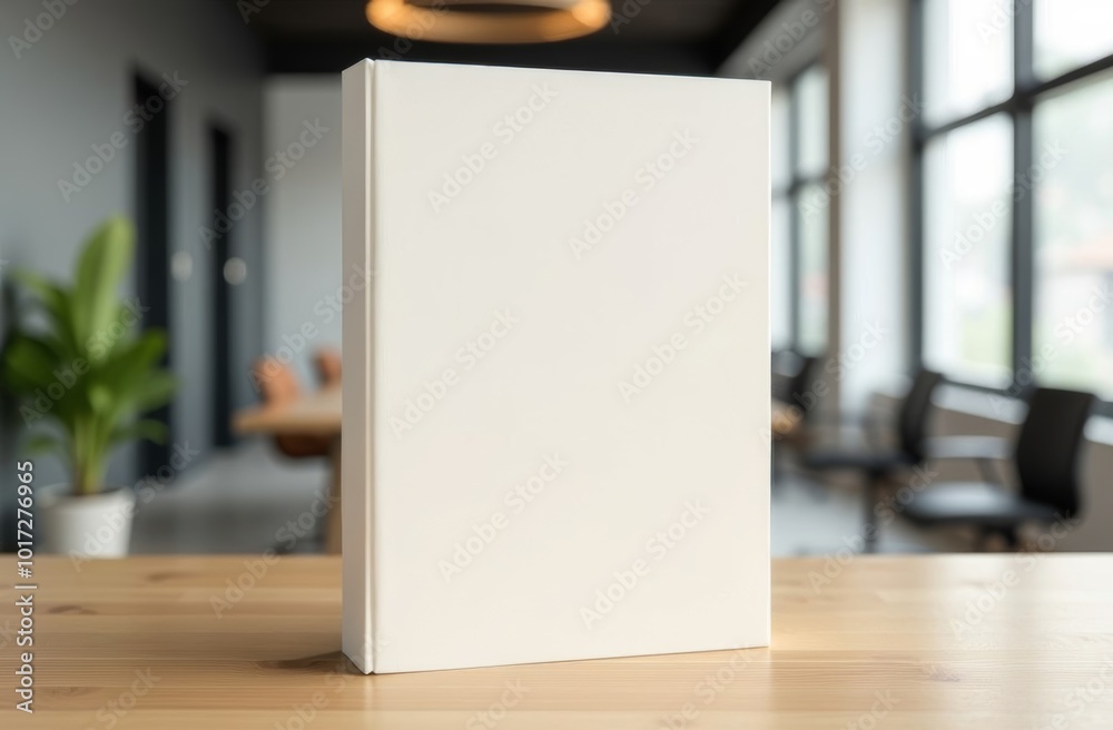 A blank hardcover book on a wooden table in a modern office space with large windows and a cozy atmosphere A blank hardcover book on a wooden table in a modern office space with large windows and a cozy atmosphere