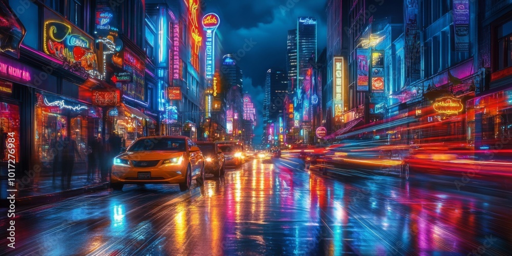 Fototapeta premium A bustling downtown street illuminated by neon lights, cars streaking by