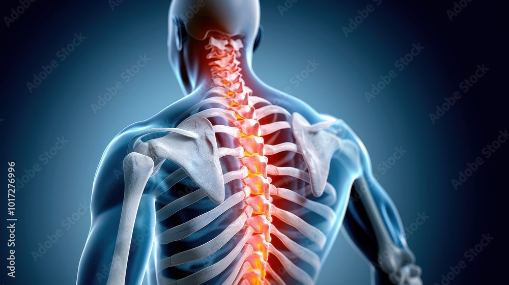 Detailed illustration of human spine anatomy showing vertebrae and surrounding structures. Ideal for educational purposes related to health and medical fields.