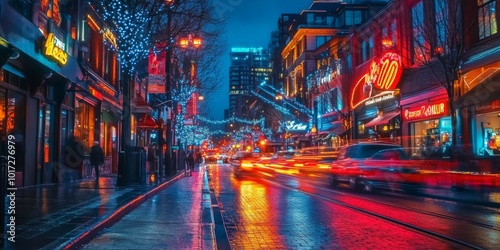 A bustling downtown street illuminated by neon lights, cars streaking by