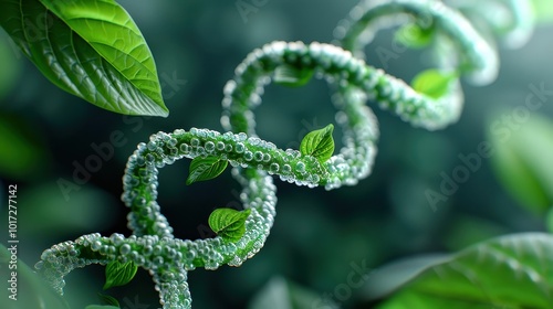 A vibrant green DNA helix intertwined with fresh leaves, illustrating the harmony of nature and science. Ideal for themes of biology, genetics, and sustainability.