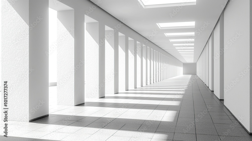 Fototapeta premium Modern architecture with sunlight streaming through a white hallway.