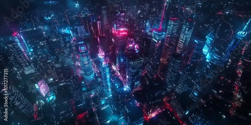 A futuristic cityscape with towering buildings and high-tech lights, aerial view at night