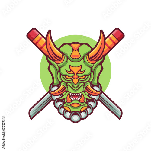 Modern Oni Mask Logo Design and two swords behind the logo