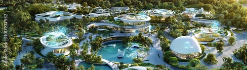 Aerial view of futuristic eco-resort nestled in lush greenery featuring modern buildings with unique designs and vibrant pools reflecting sunlight.