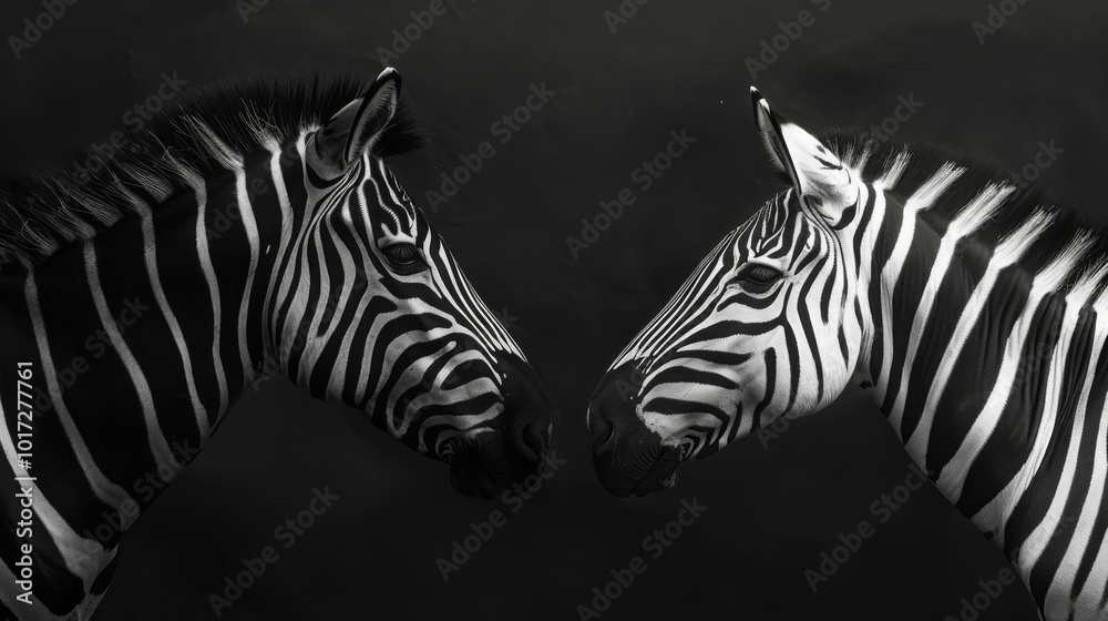 Two zebras face each other in a black and white portrait, their stripes creating a striking visual pattern. Two zebras face each other in a black and white portrait, their stripes creating a striking visual pattern.