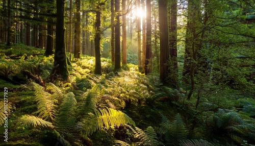 Golden Sunshine Filtering Through Dense Forest Trees, Illuminating the Fern-Covered Forest Floor, With Birds Chirping and Leaves Rustling in the Gentle Breeze