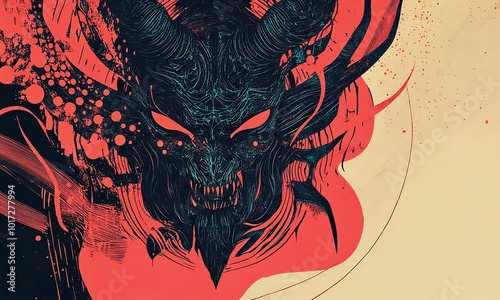 Abstract demonic figure with glowing red eyes with ai generated.
