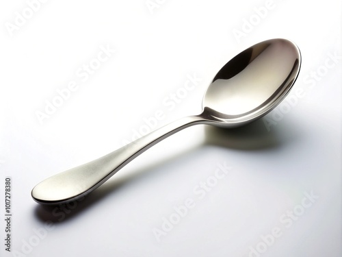 Isolated stainless steel spoon lies centered on a clean, plain white background, emphasizing its sleek curves and subtle reflections in a minimalist composition.