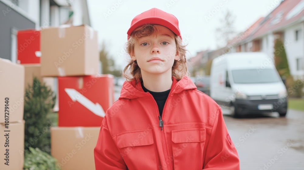 Young Delivery Driver in Red Outfit with Van Background Young Delivery Driver in Red Outfit with Van Background
