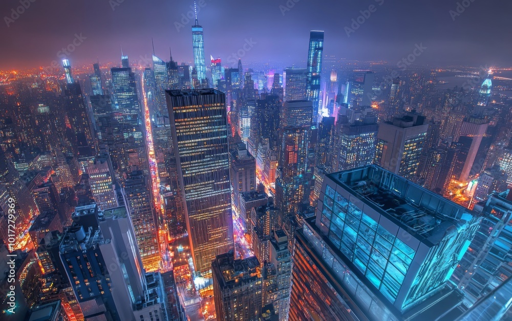 Fototapeta premium A rooftop view of a city at night, skyscrapers and busy streets far below, glowing lights