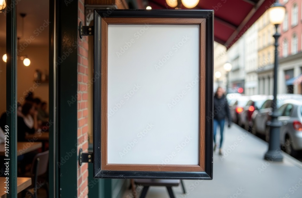 Blank outdoor menu board displayed outside a restaurant on a busy city street during a sunny day Blank outdoor menu board displayed outside a restaurant on a busy city street during a sunny day