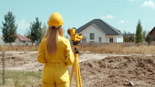 Construction Surveyor in Yellow Outfits on Site