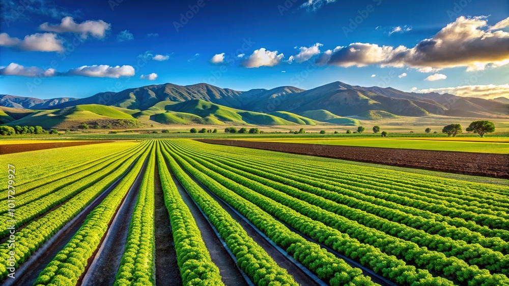 Vibrant green fields of leafy crops stretch towards the horizon under a bright blue sky in California's fertile Salinas Valley agricultural landscape. Vibrant green fields of leafy crops stretch towards the horizon under a bright blue sky in California's fertile Salinas Valley agricultural landscape.