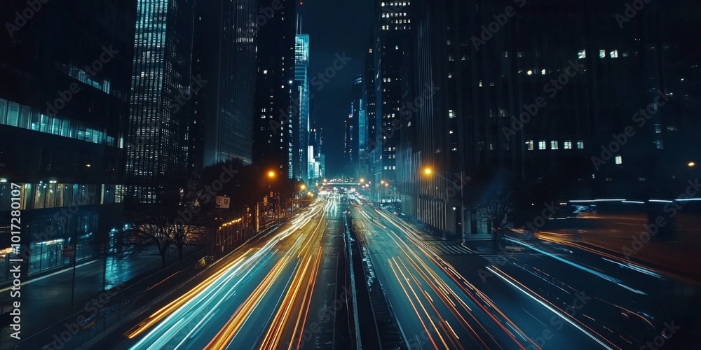 A time-lapse effect of traffic lights creating trails in the city at night, skyscrapers towering above A time-lapse effect of traffic lights creating trails in the city at night, skyscrapers towering above