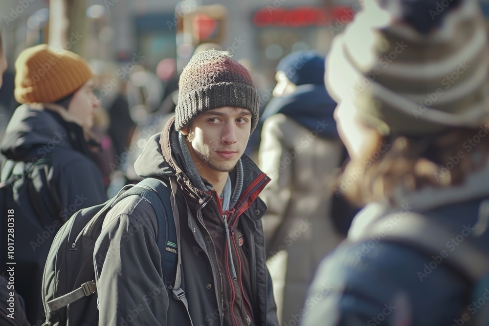 Handsome young man in a hat and jacket on the street Handsome young man in a hat and jacket on the street