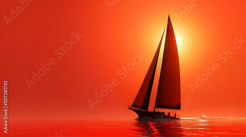 A serene sailboat gliding through a vibrant sunset on calm waters.