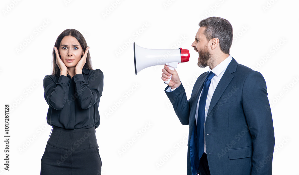 business man has conflict with partner about promotion. businessman solving conflict. Major problem. business conflict. businessman shouting on employee in loudspeaker isolated on white business man has conflict with partner about promotion. businessman solving conflict. Major problem. business conflict. businessman shouting on employee in loudspeaker isolated on white