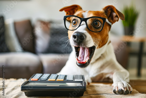 Dog wearing glasses is sitting on a table with a calculator