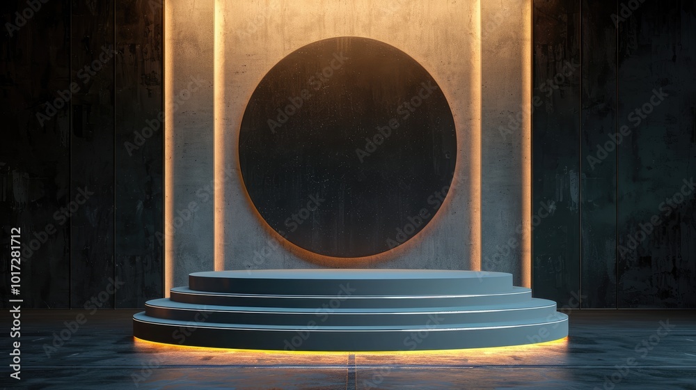 Illuminated Three-Tiered Platform in a Dark Concrete Room Illuminated Three-Tiered Platform in a Dark Concrete Room