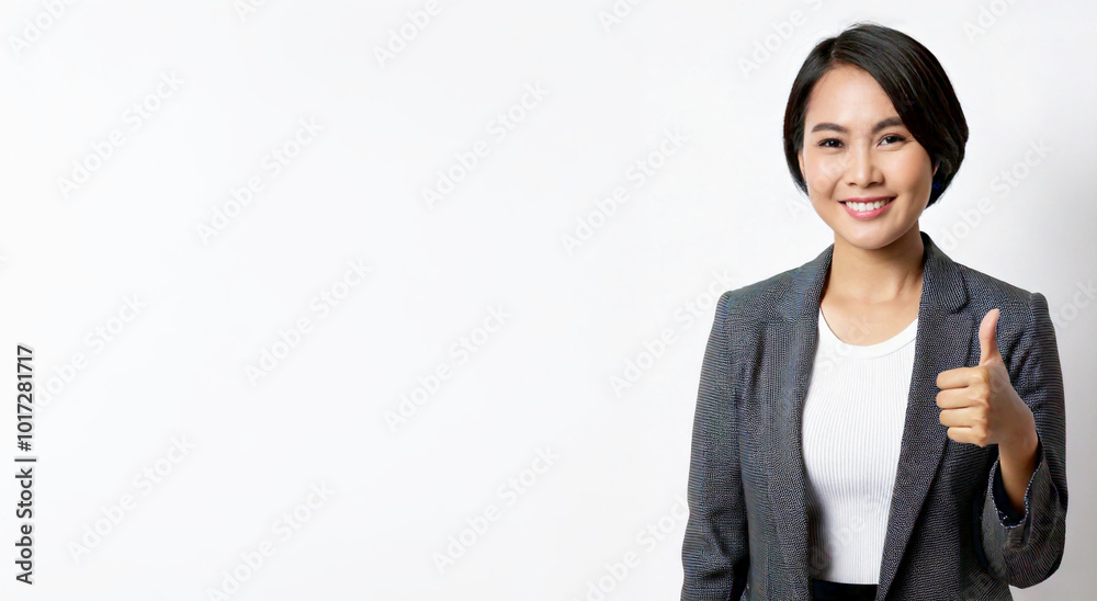 Asian businesswoman is giving a thumbs up against a white background. Asian businesswoman is giving a thumbs up against a white background.