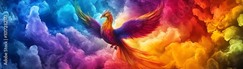 Vivid colorful phoenix soaring through a rainbow sky, symbolizing rebirth and renewal. Bright and vibrant digital artwork illustration.