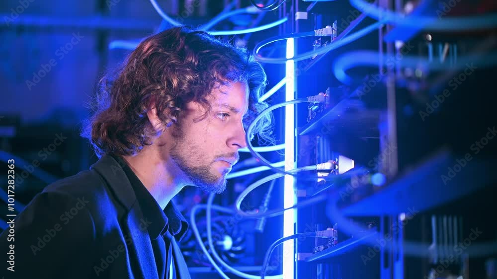 Man analysing servers in a data center Man analysing servers in a data center