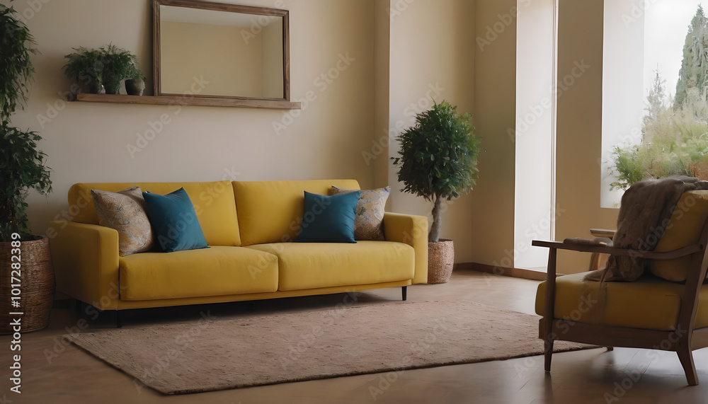 yellow sofa in a living room with a fireplace
