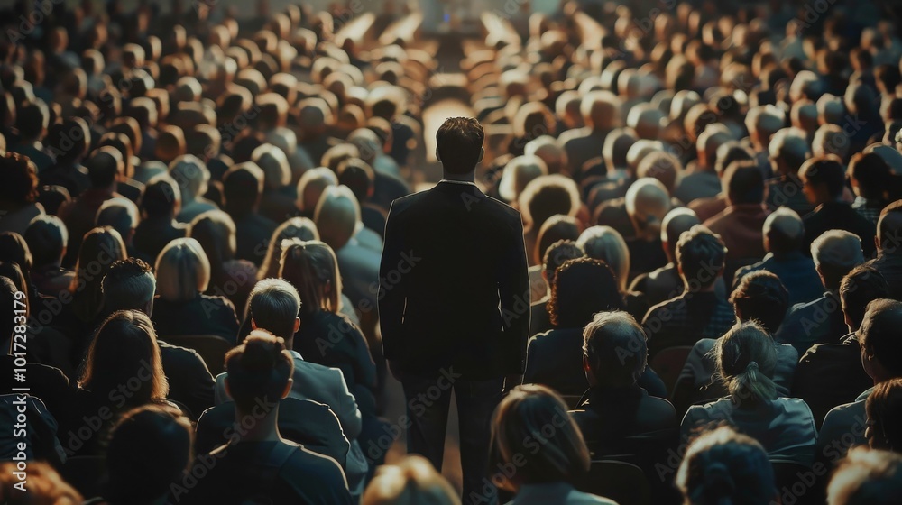 Obraz premium A man in a suit stands facing a large audience, his back to the camera.