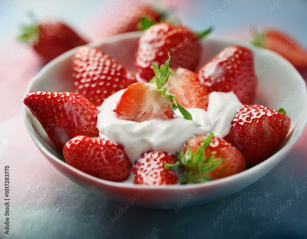 Whole and cut strawberries with cream in a bowl Whole and cut strawberries with cream in a bowl