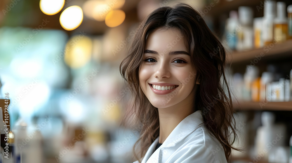 A smiling woman in a lab coat stands in a product-filled shop.