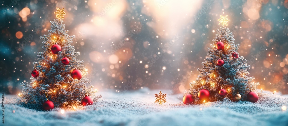 Two Christmas trees decorated with lights and ornaments, standin
