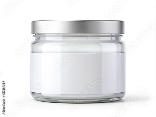 A blank, transparent plastic jar with a white lid and label on a white background, perfect for showcasing product design and labeling concepts.