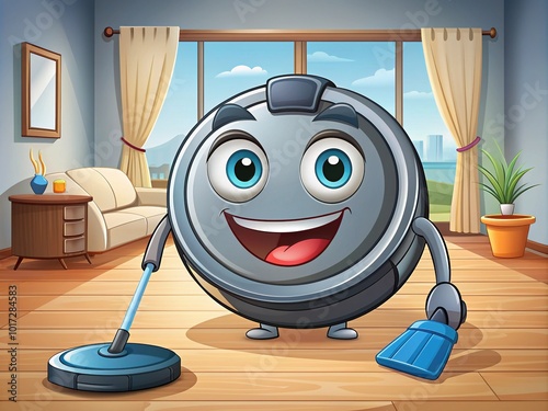 A Cartoon-Style Illustration Of A Robotic Vacuum Cleaner Cleaning A Room With A Cheerful Expression photo