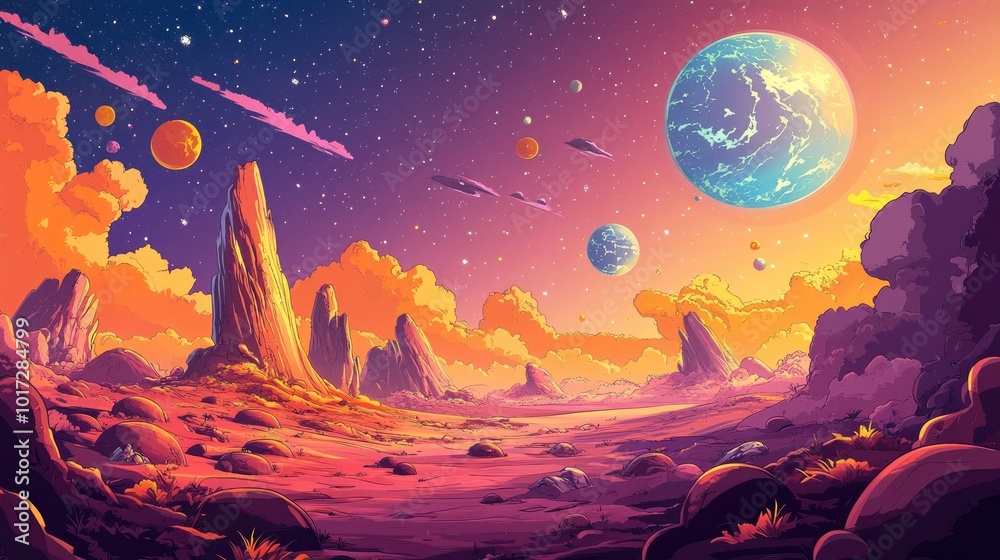 A Colorful Landscape on a Distant Planet with a Large Blue Moon in the Sky