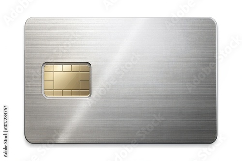 A close-up shot of a modern credit card with a shiny metallic chip embedded in the front, isolated on a plain white background. photo