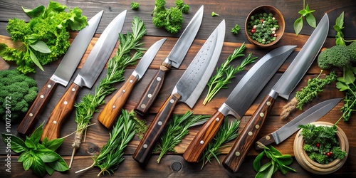 A close-up shot of assorted sharp knives with different blade shapes and sizes lying on a dark wooden cutting board, surrounded by fresh herbs. photo