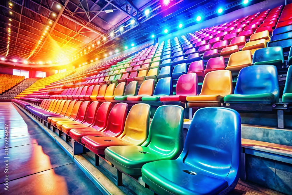 Fototapeta premium Vibrant colors adorn the neatly arranged seats of an empty basketball stadium, while bright lighting effects enhance