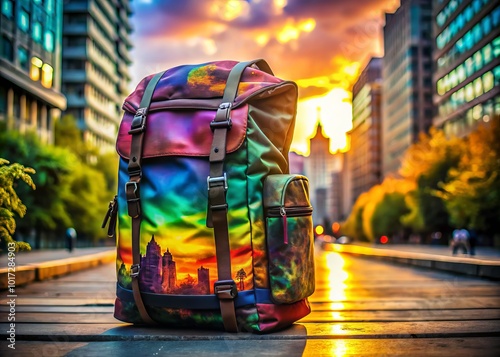 Vibrant Colorful IMAX Style Backpack for Adventure and Travel Enthusiasts in Urban Environment photo