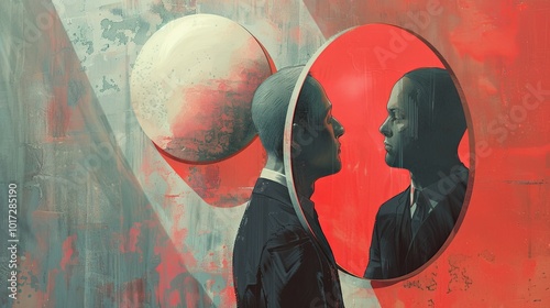 Abstract reflection of person gazing into mirror, discovering inner self, exploring identity, surreal art, self-awareness concept