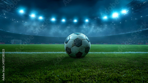 A soccer ball on a grassy field under stadium lights.