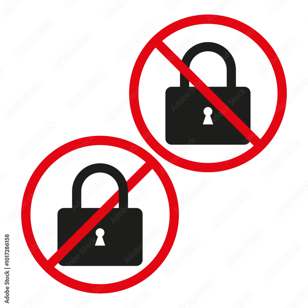 No lock icon. Padlock prohibition symbol. Red circle with padlock. Security restriction sign.