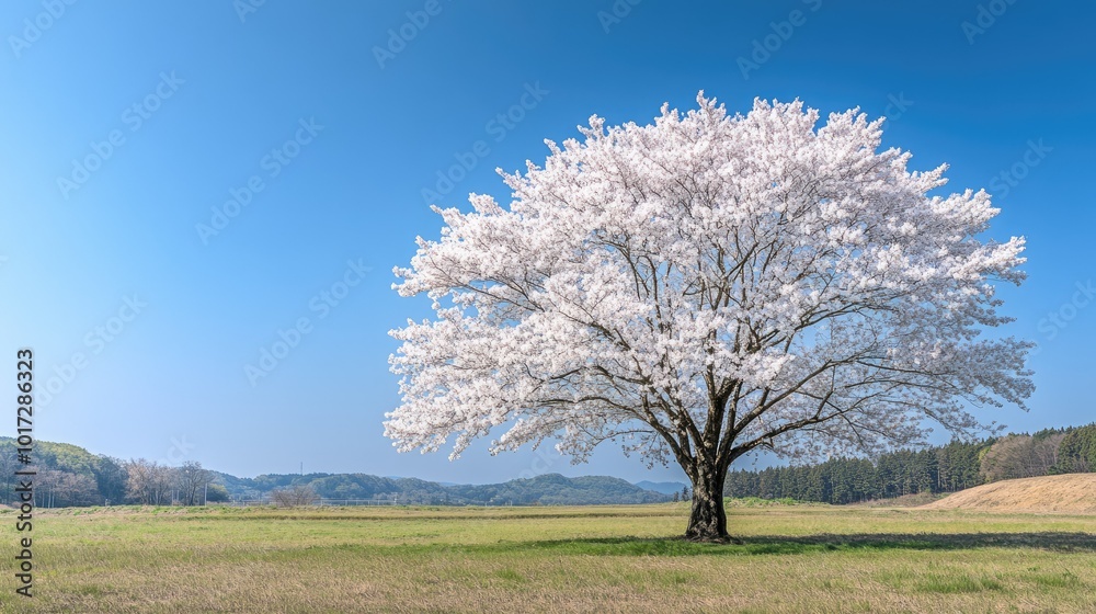 A single cherry blossom tree in full bloom, surrounded by green grass and a clear blue sky, symbolizing the beauty of spring. A single cherry blossom tree in full bloom, surrounded by green grass and a clear blue sky, symbolizing the beauty of spring.