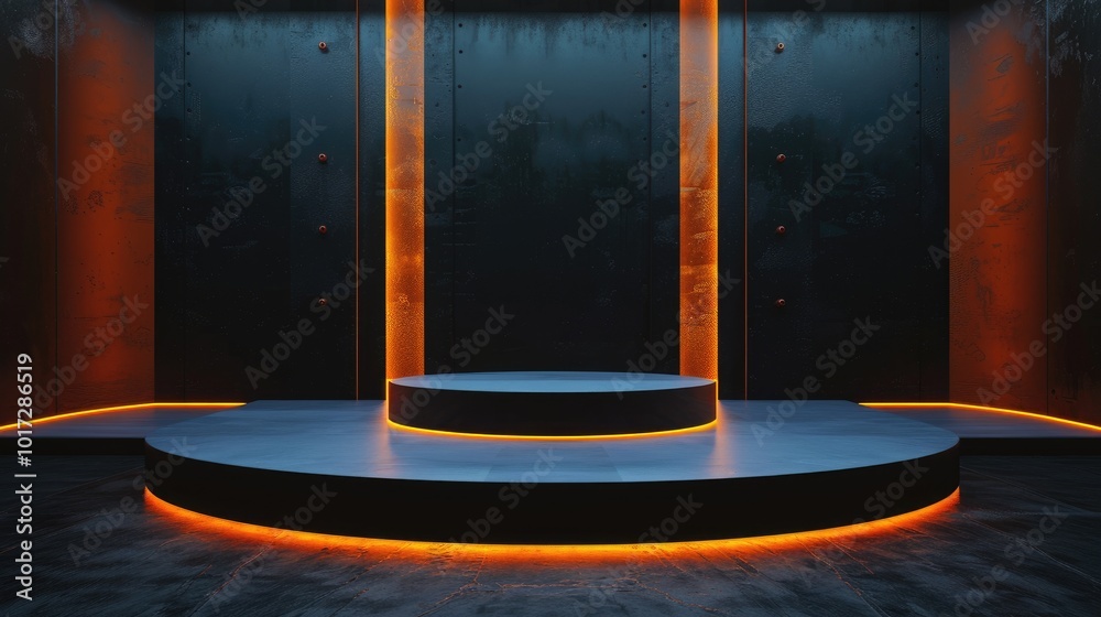 Circular Platform with Orange Neon Lights in a Dark Industrial Setting Circular Platform with Orange Neon Lights in a Dark Industrial Setting