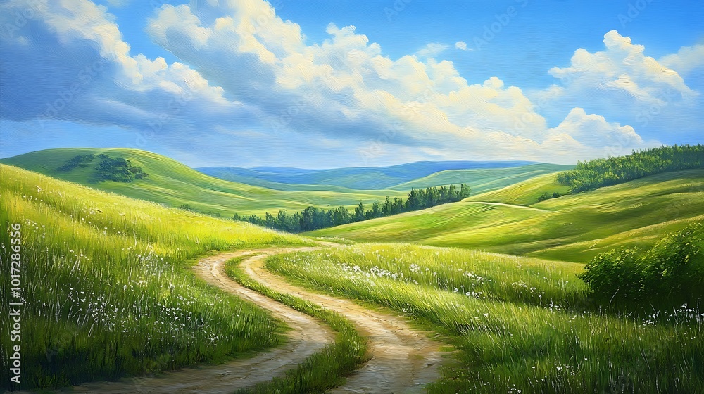 Fototapeta premium Winding Path Through Green Hills and Blue Skies.
